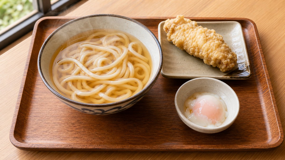 かけうどんと鶏の天ぷらと温泉玉子のセットのイメージ