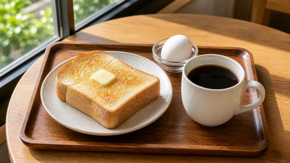 厚切りトーストとゆで卵、ブラックコーヒーのモーニングセット
