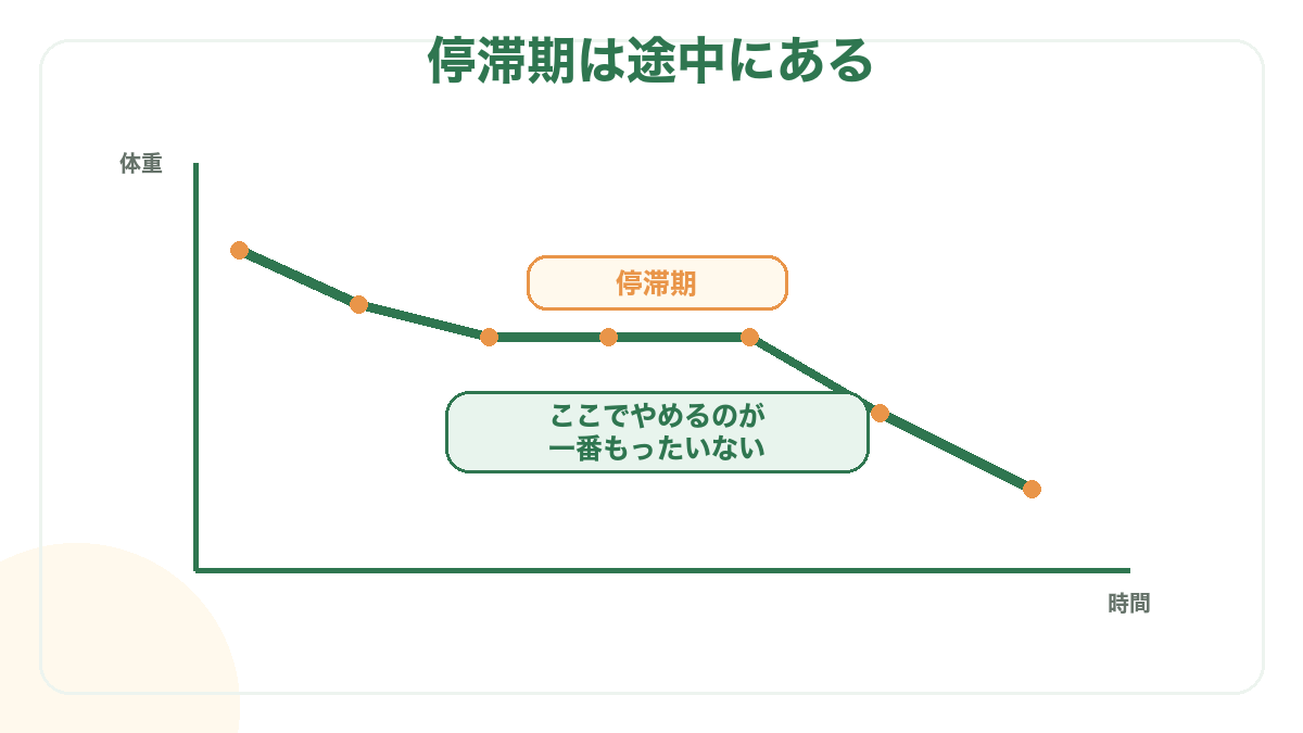 右肩下がりの体重グラフの途中に平らな停滞期があり、その先でまた下がる図