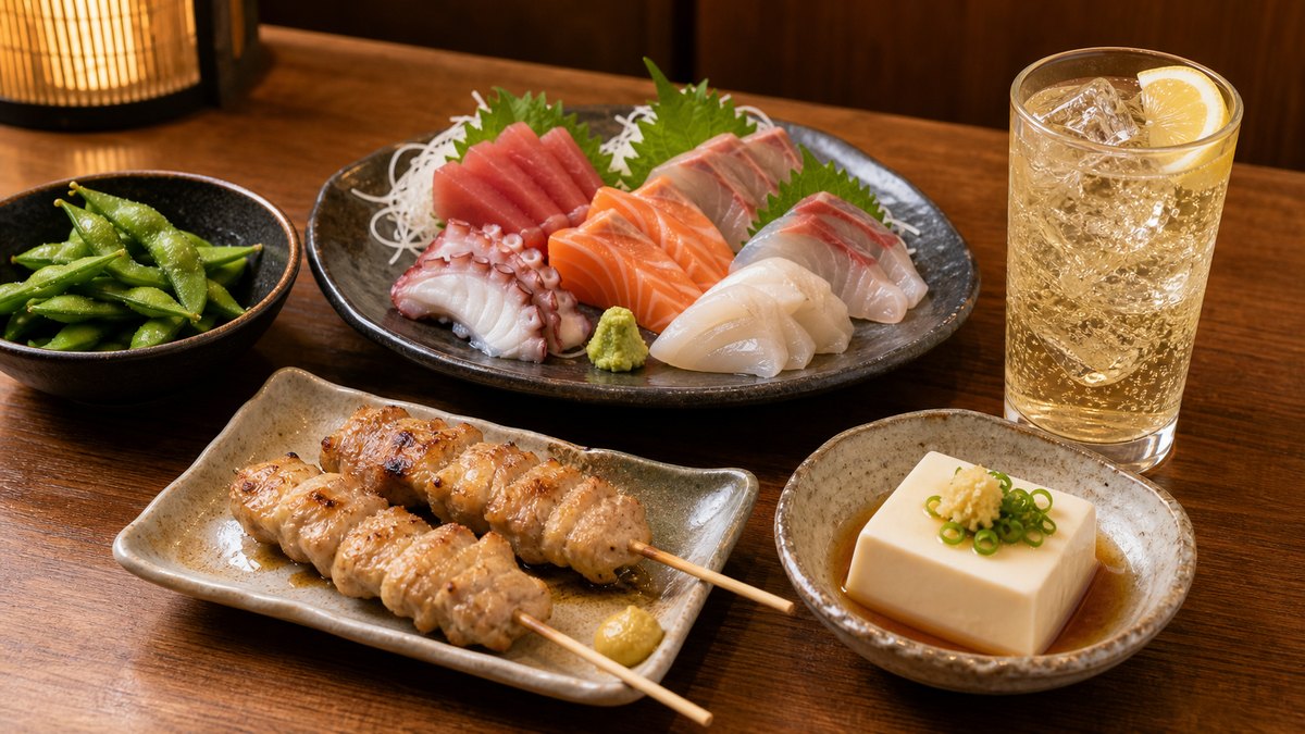 刺身盛り、焼き鳥の塩、冷奴、枝豆、ハイボールが並んだ居酒屋のテーブル