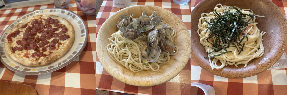 家族でサイゼリヤに行った日の実物写真3枚(ピザ・ボンゴレ・たらこスパゲッティ)